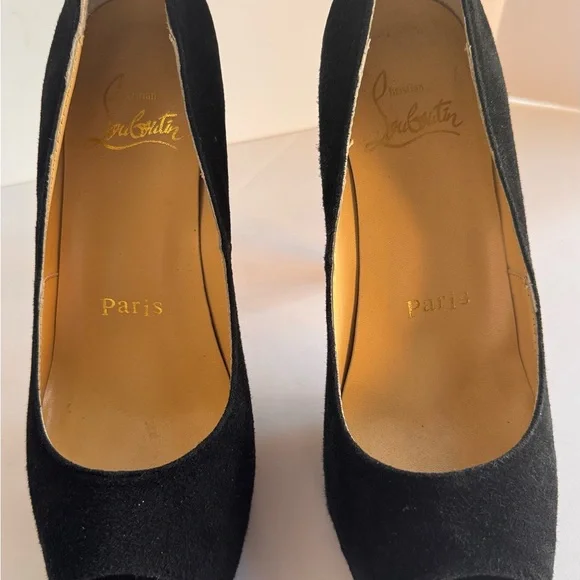 Christian Louboutin EU 36 Black Suede Peep-Toe Heels Like New with5” heel